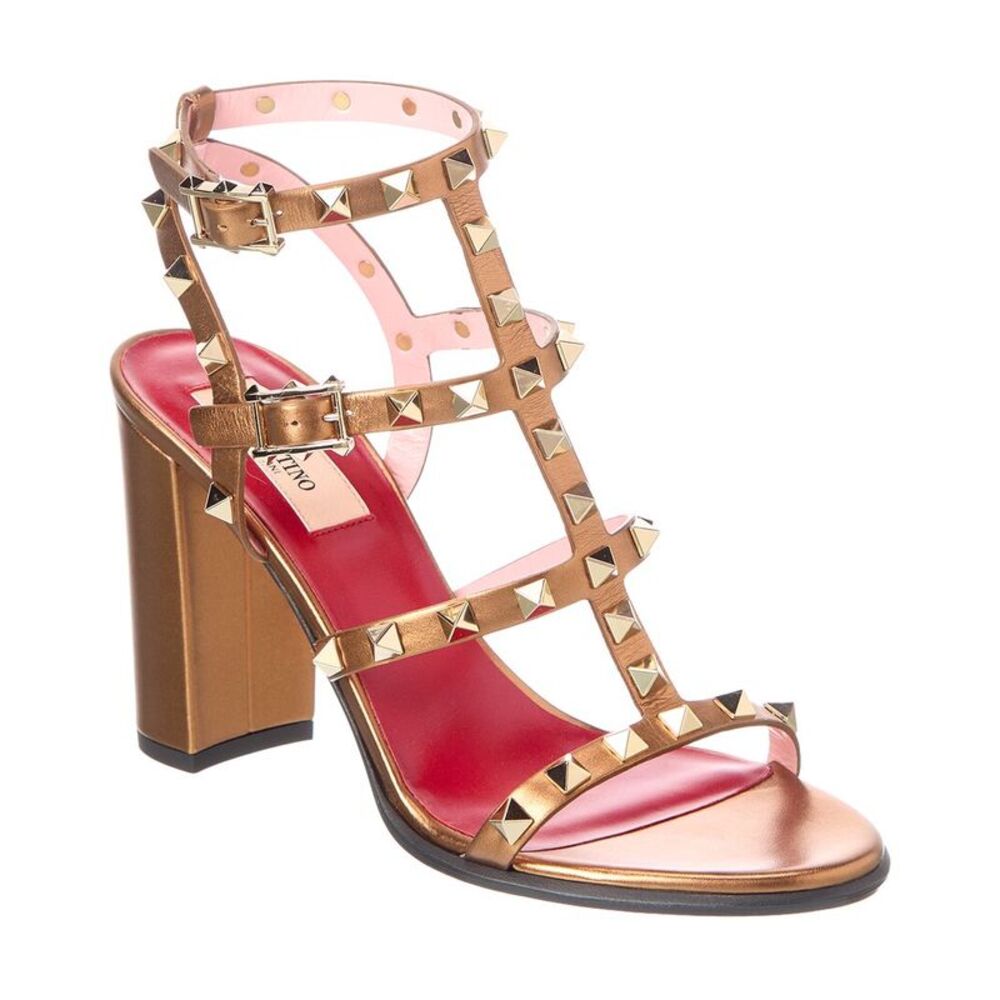 Valentino Rockstud Caged 90 Leather Ankle Strap Sandal, Gold